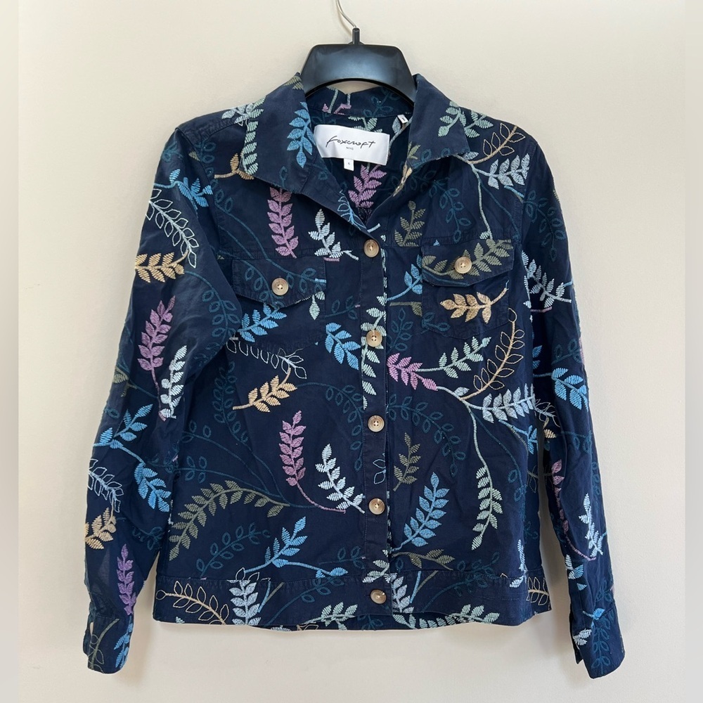 Foxcroft The Getaway Button Up Long Sleeved Cotton Floral Embroidered Jacket, 6